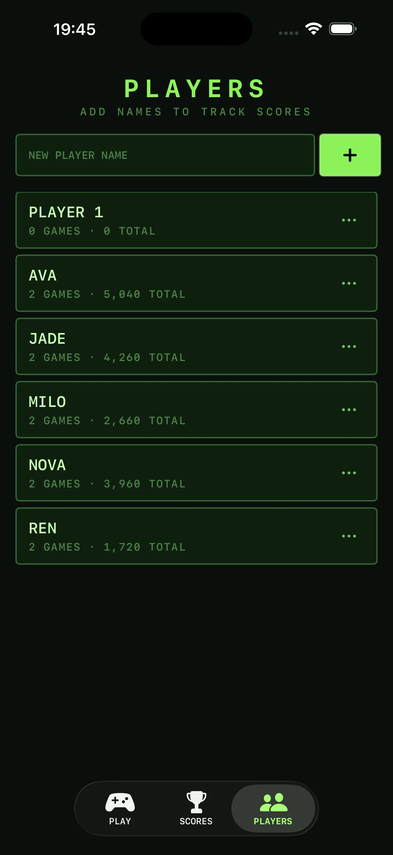 LCD Classic Snake Players tab with named players and per-player totals