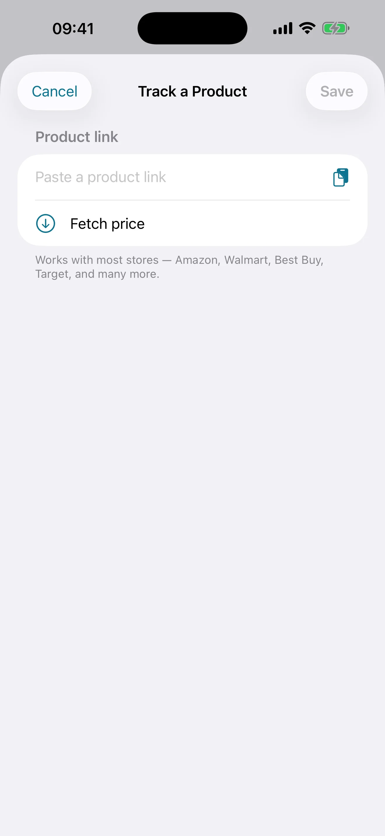 Price Trail add flow — paste a product link and the name, photo, and price are found automatically