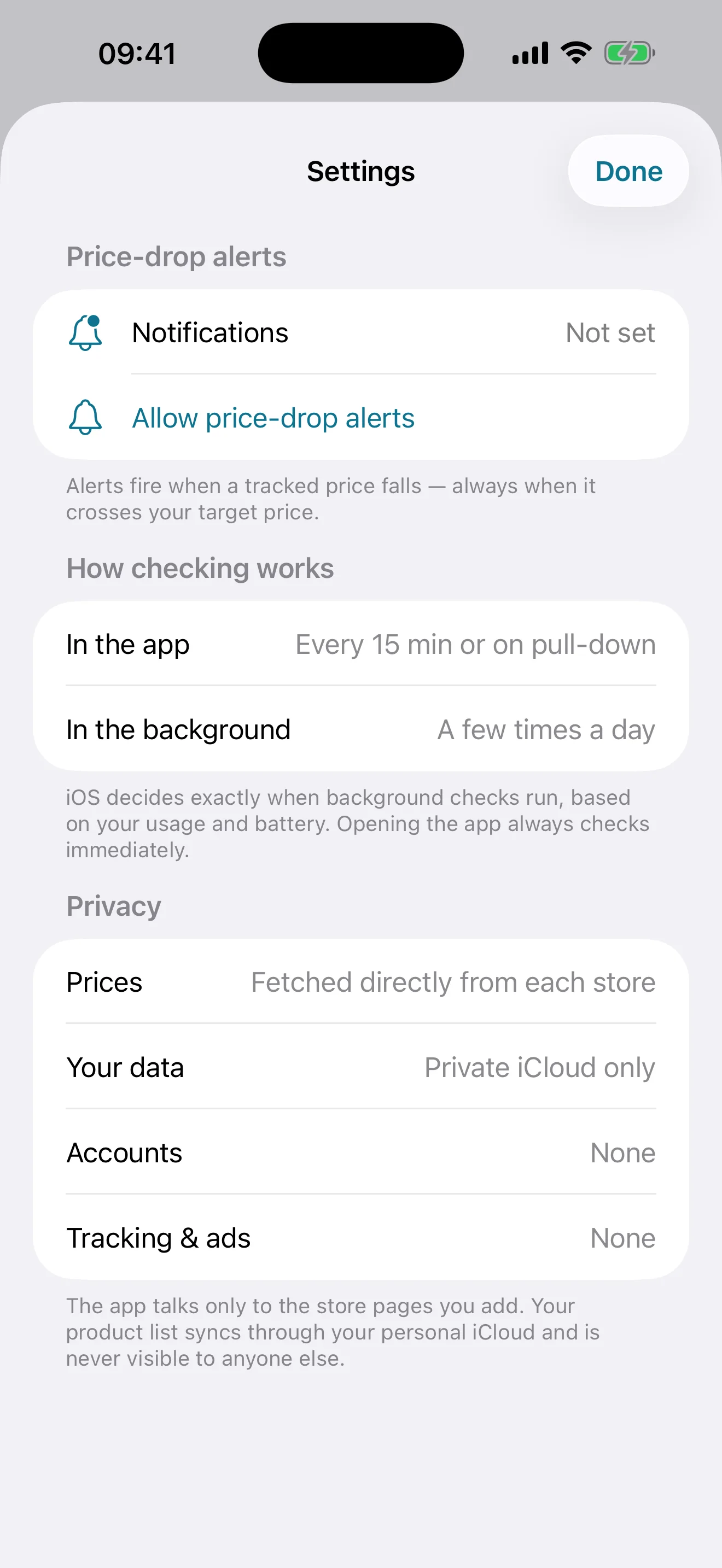 Price Trail settings — alert style, background refresh, and the privacy summary
