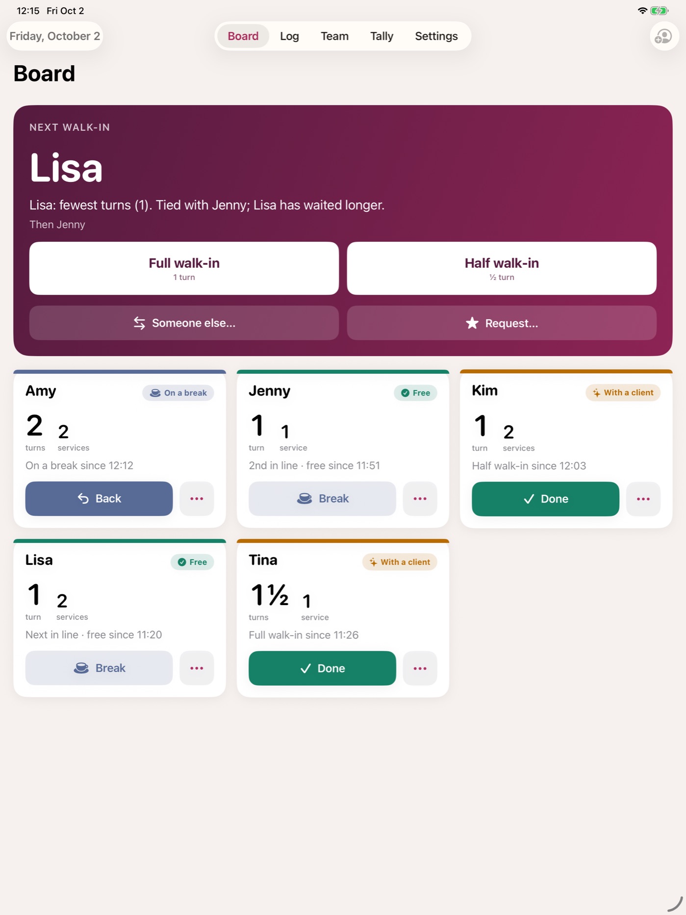The Salon Turns board on iPad: Lisa named as the next walk-in with the reason, above cards for five technicians
