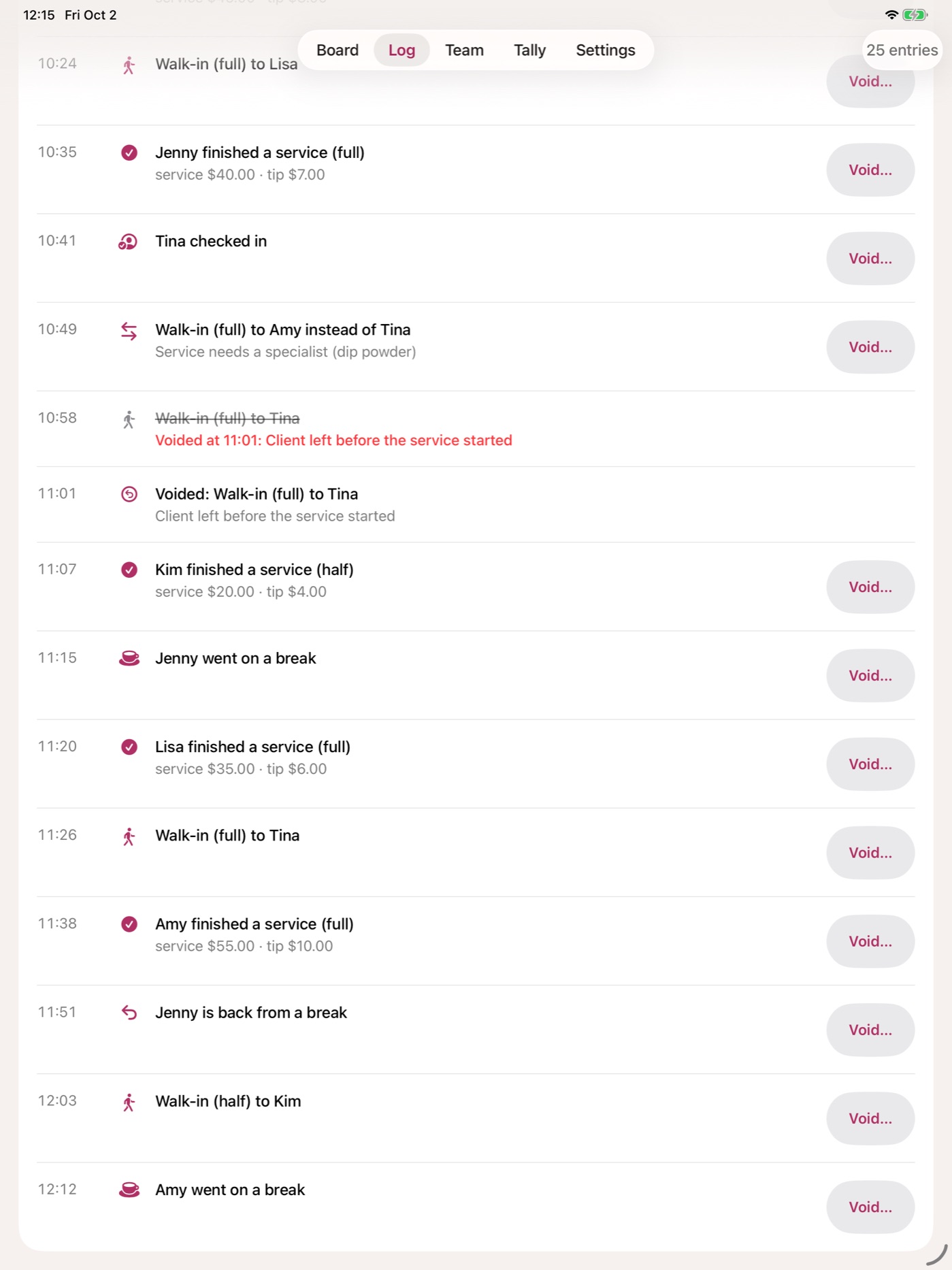 The log listing timed entries, including an override with its reason and a voided entry struck through in red