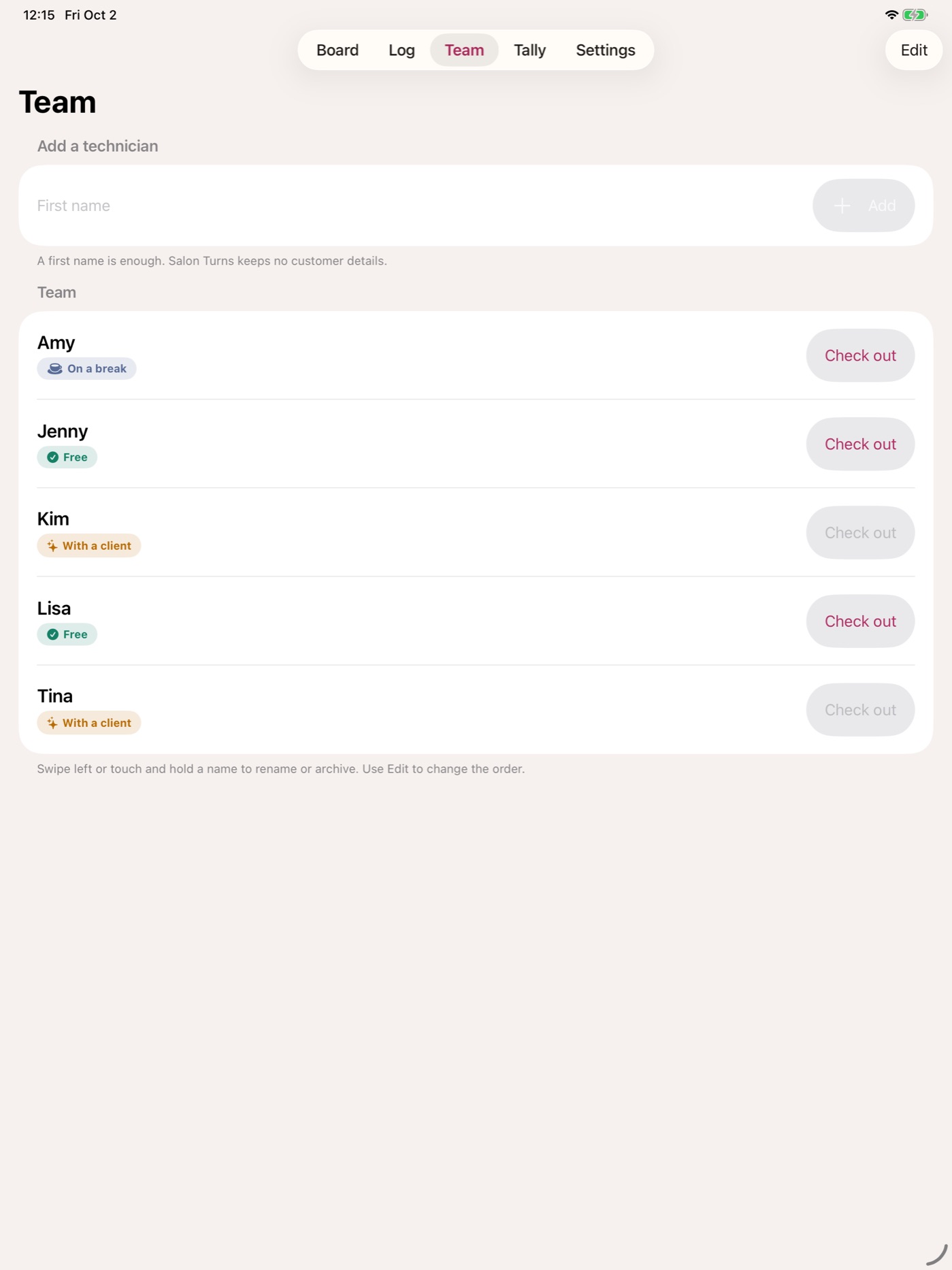 The Team screen listing five technicians with their status and check-out buttons
