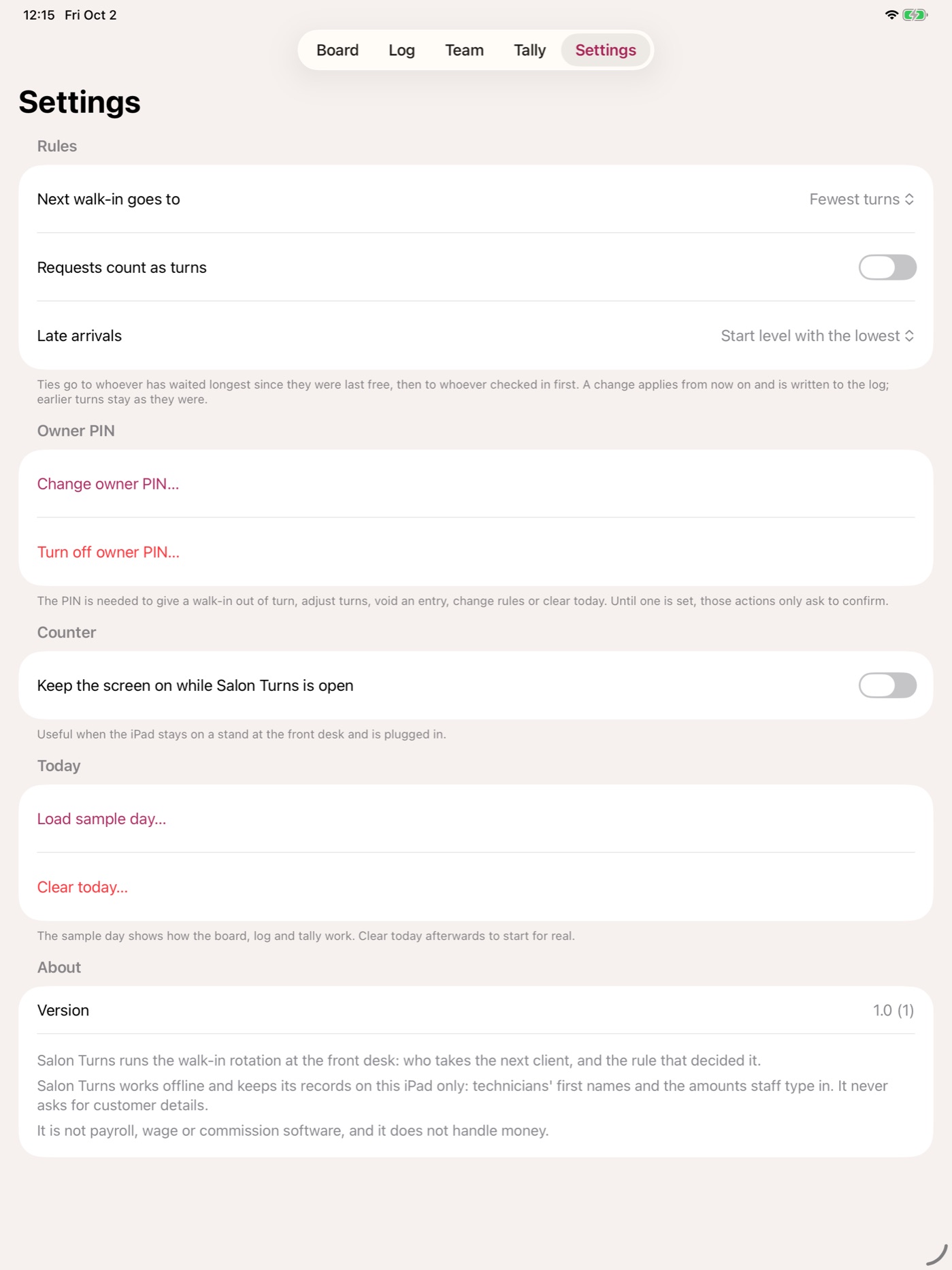 Settings with the rotation rules, owner PIN, keep-the-screen-on switch and the sample day