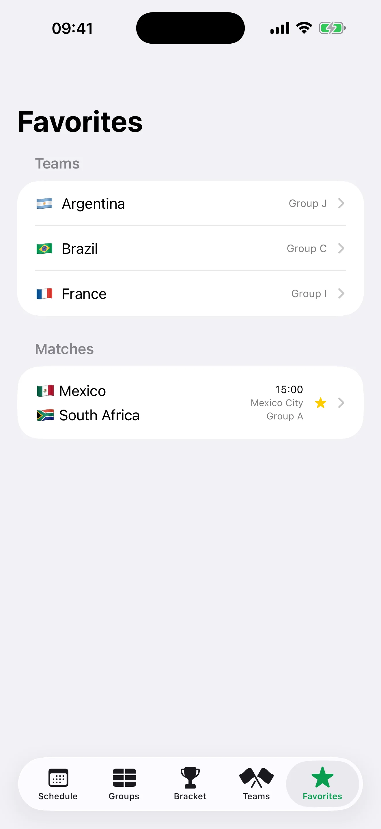 Favorites tab with starred teams and matches