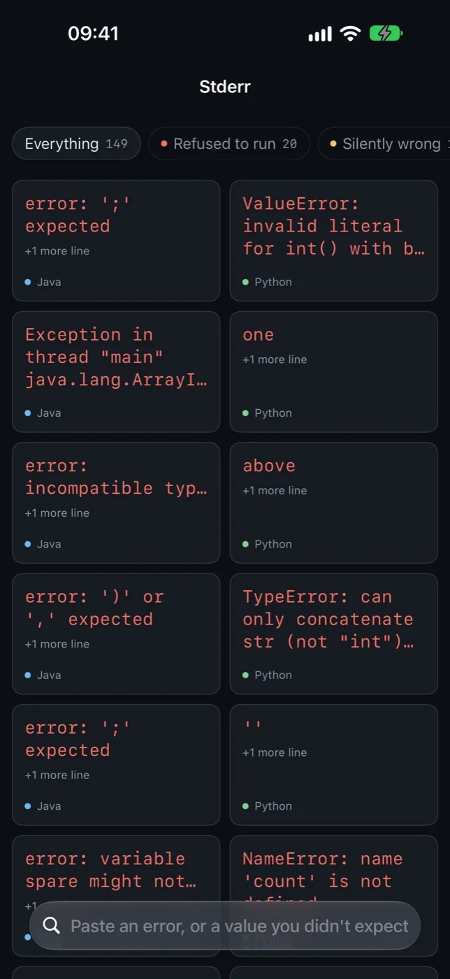A grid of real captured program outputs, errors in red and wrong values in amber