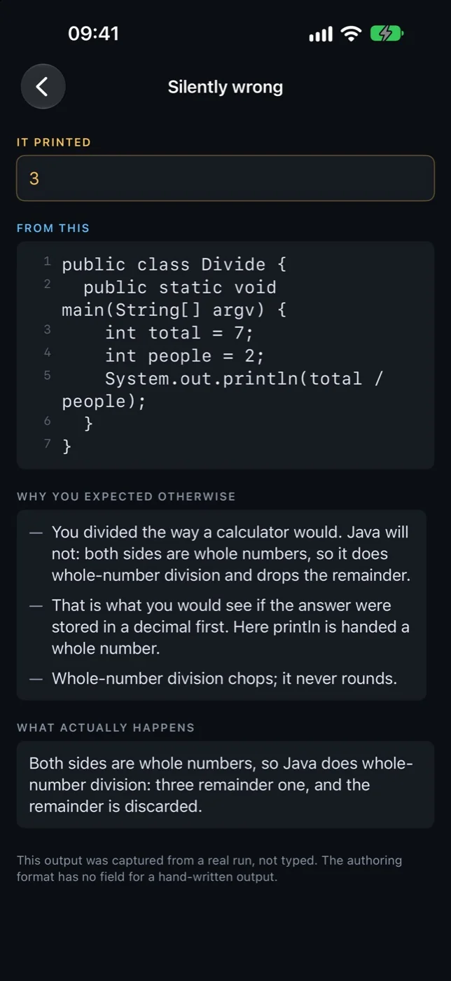 One entry: it printed 3, from a Java integer division program