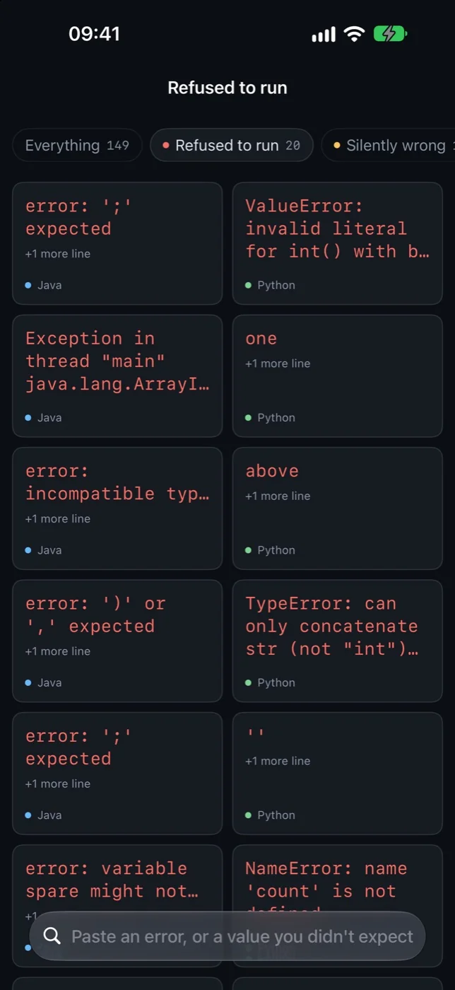 The catalogue filtered to programs that refused to compile or raised