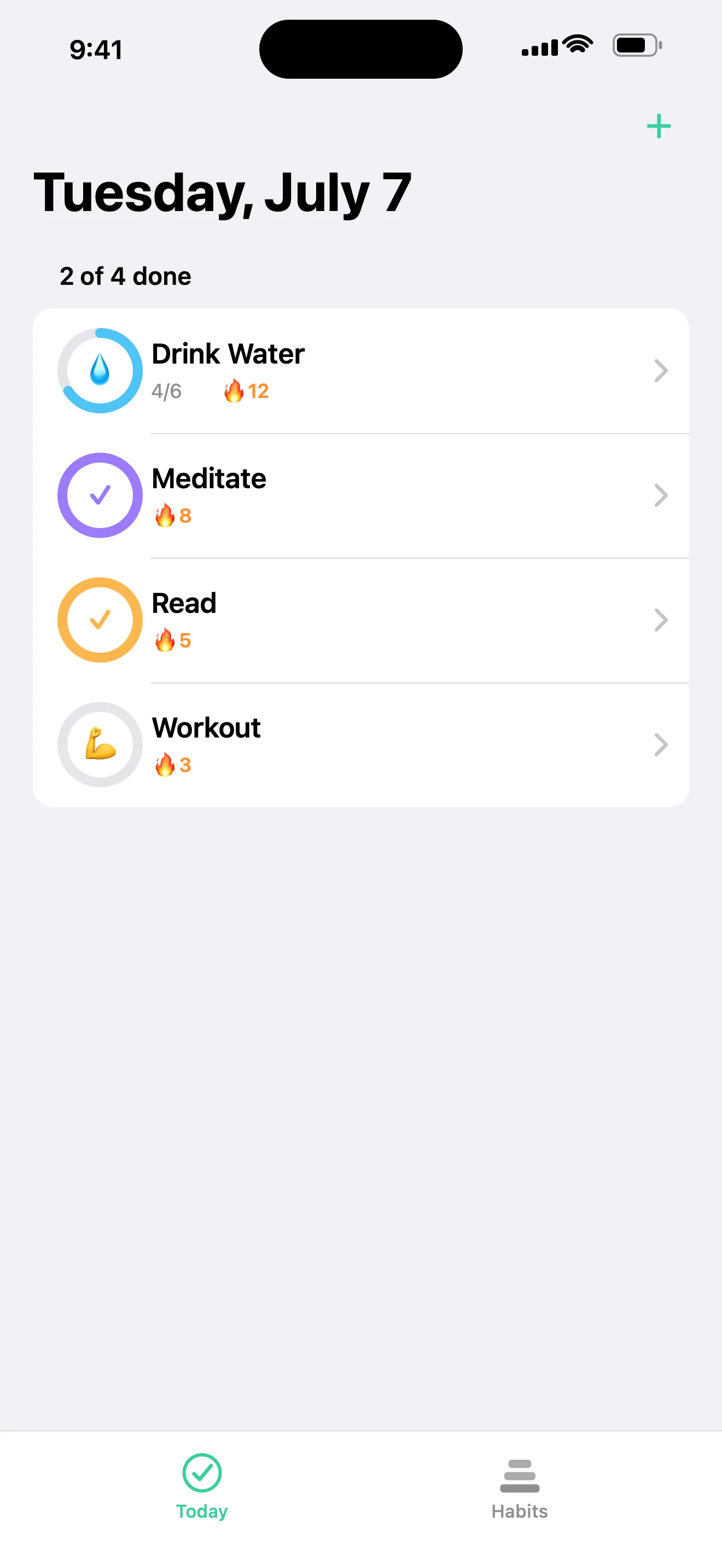Streak Rings today screen — today's habits as big tappable rings with completion progress