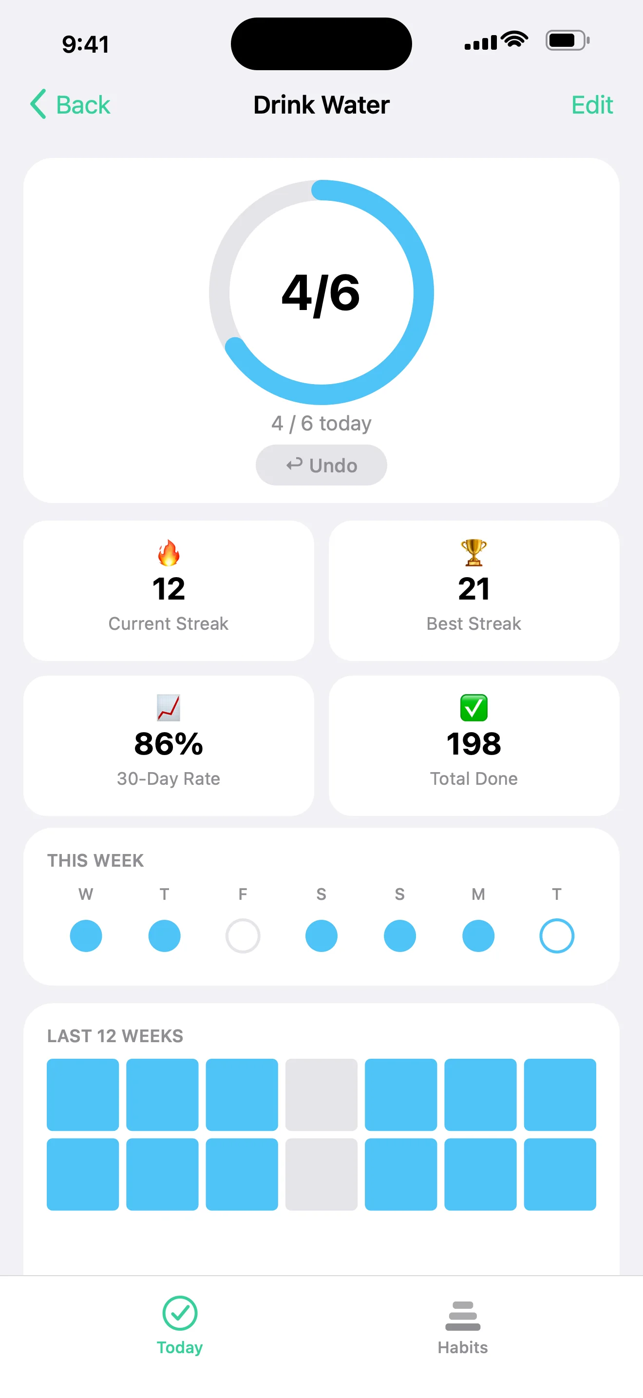 Streak Rings habit detail — current and best streaks, 30-day completion rate, and a 28-day history grid