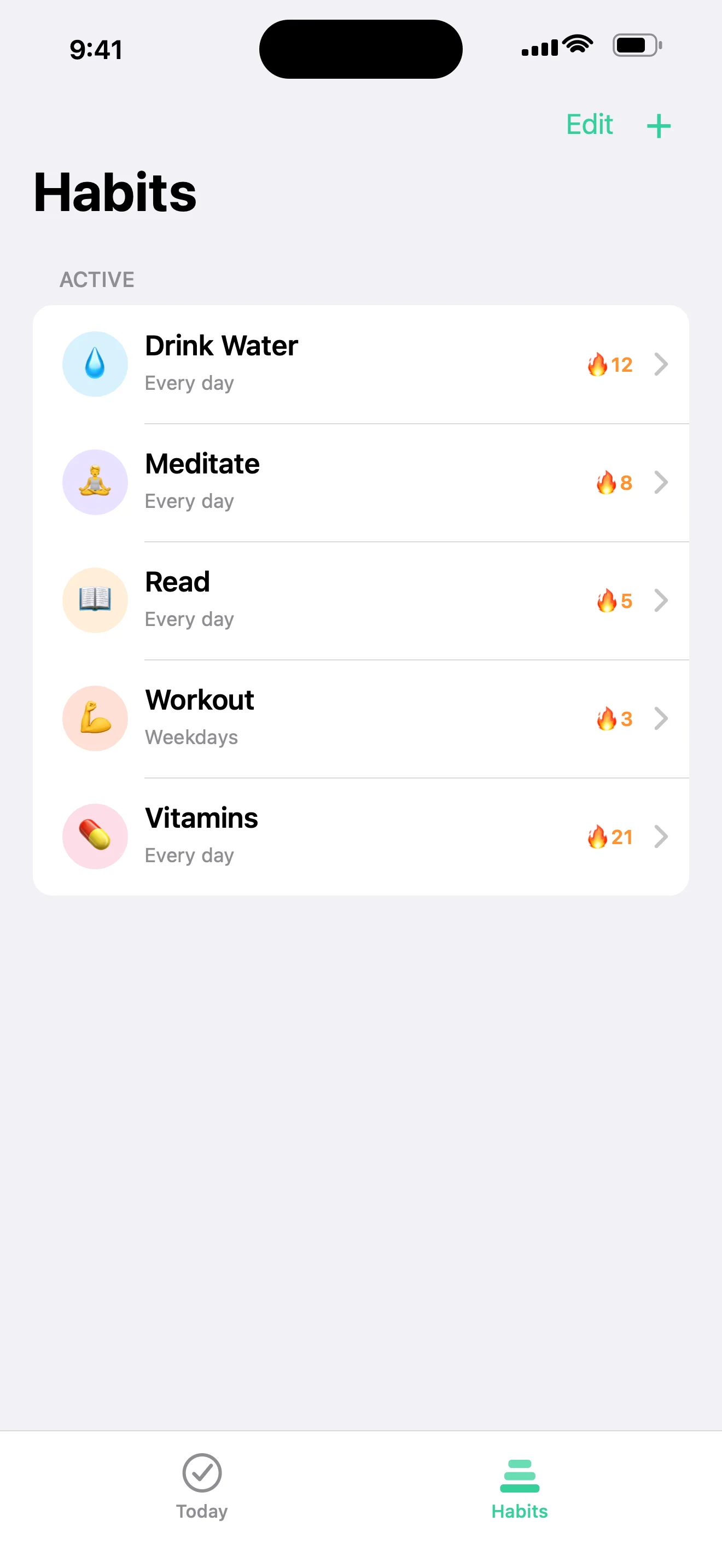 Streak Rings all-habits screen — manage, reorder, and archive habits