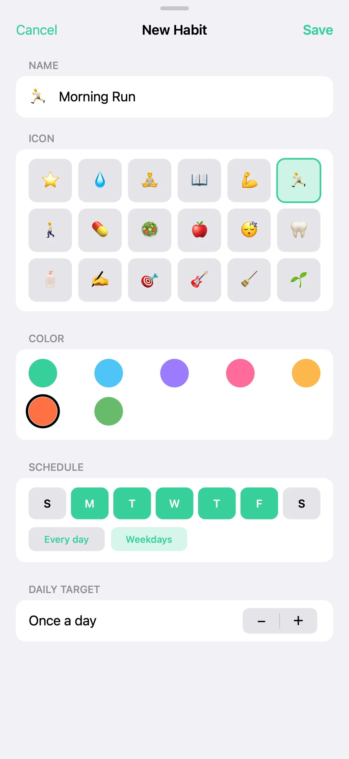 Streak Rings new-habit form — emoji, color, repeat days, and a daily target