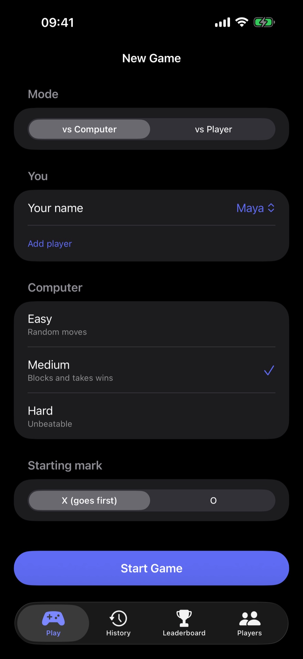 Three in a Row Duel New Game screen with vs Computer mode and difficulty picker