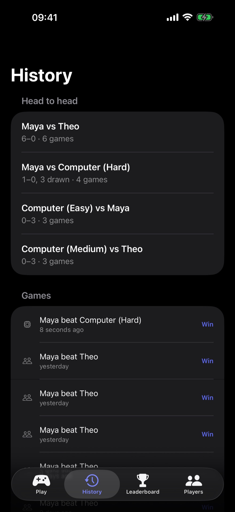 Three in a Row Duel History tab listing past matches and head-to-head records