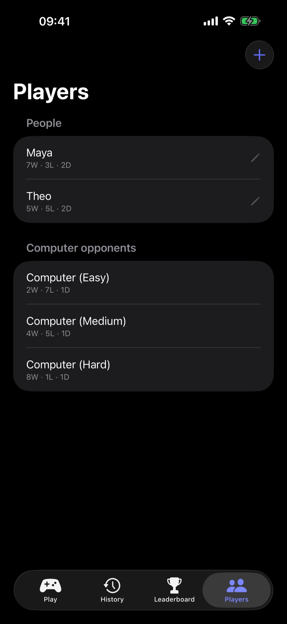 Three in a Row Duel Players tab showing named humans and three computer opponents