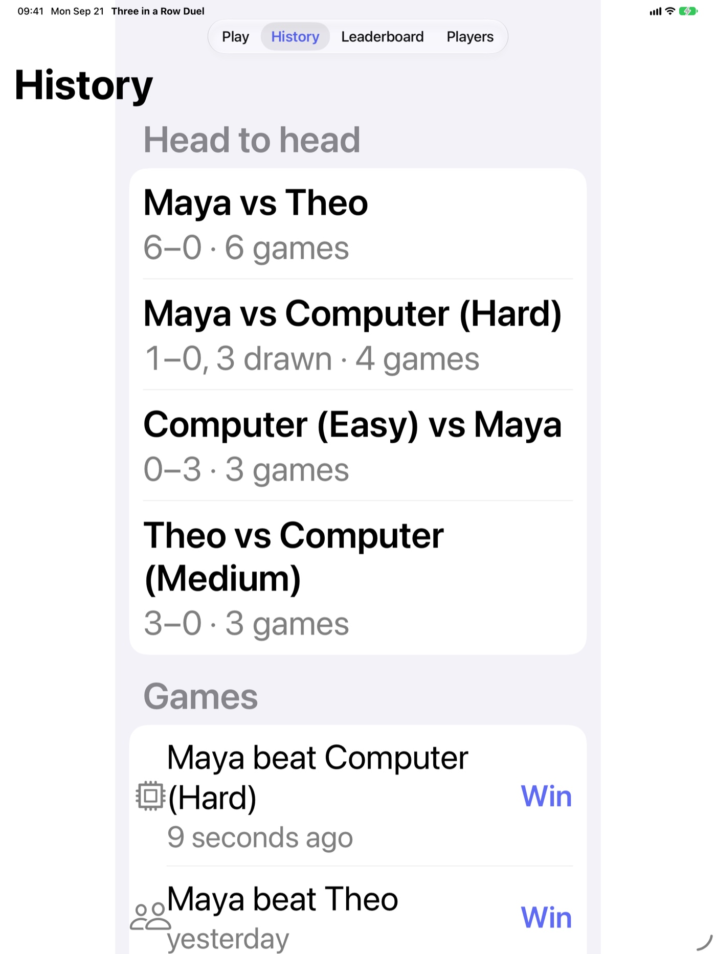Three in a Row Duel History tab on iPad