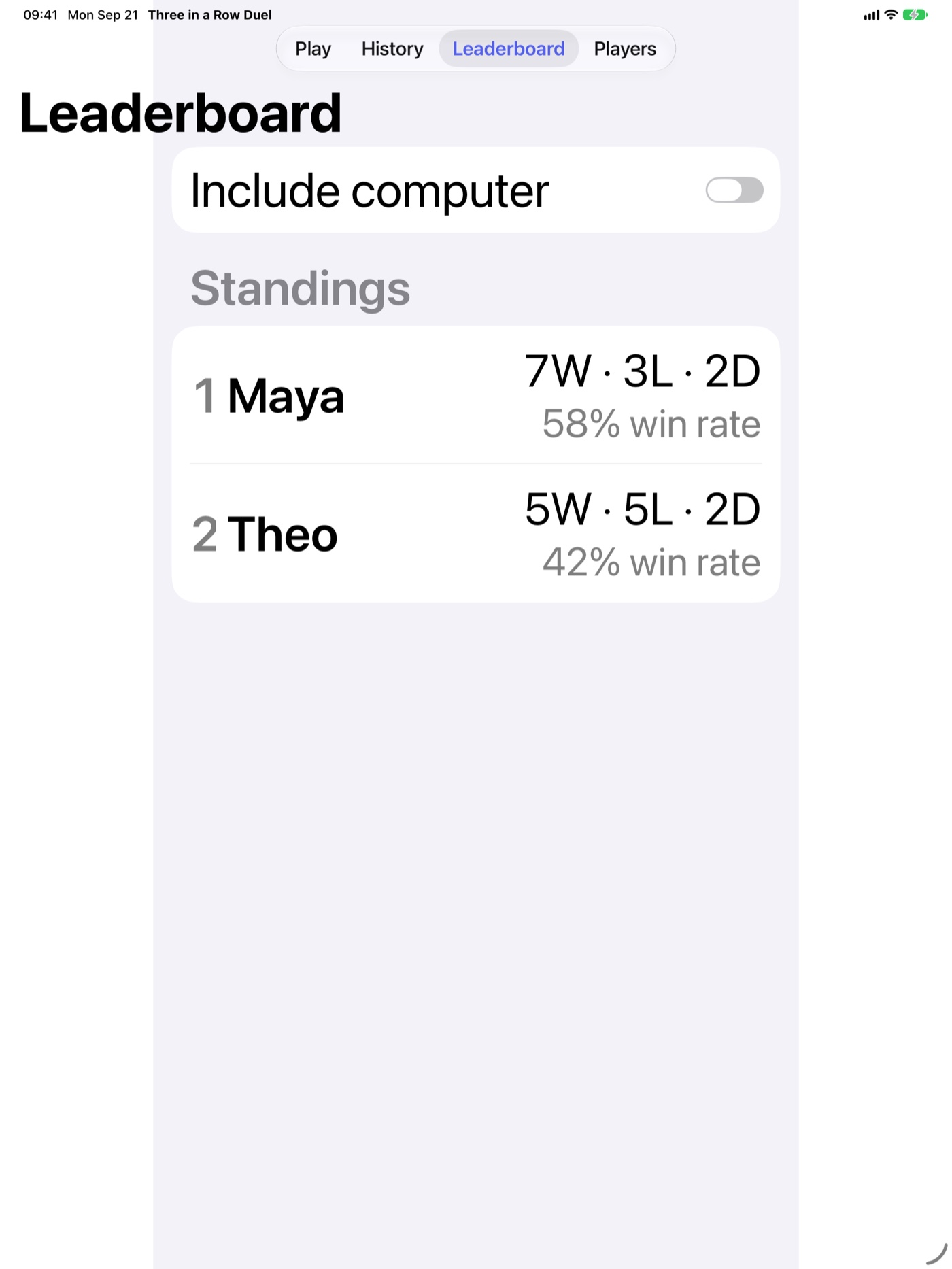 Three in a Row Duel Leaderboard on iPad