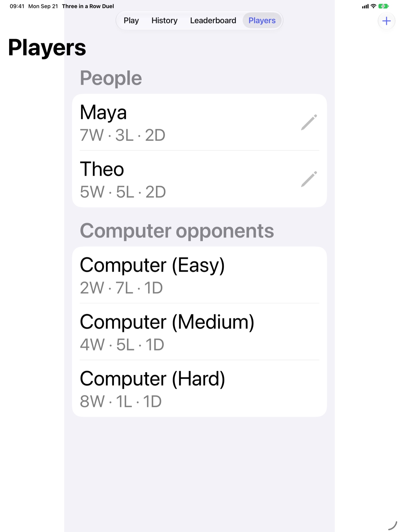 Three in a Row Duel Players tab on iPad