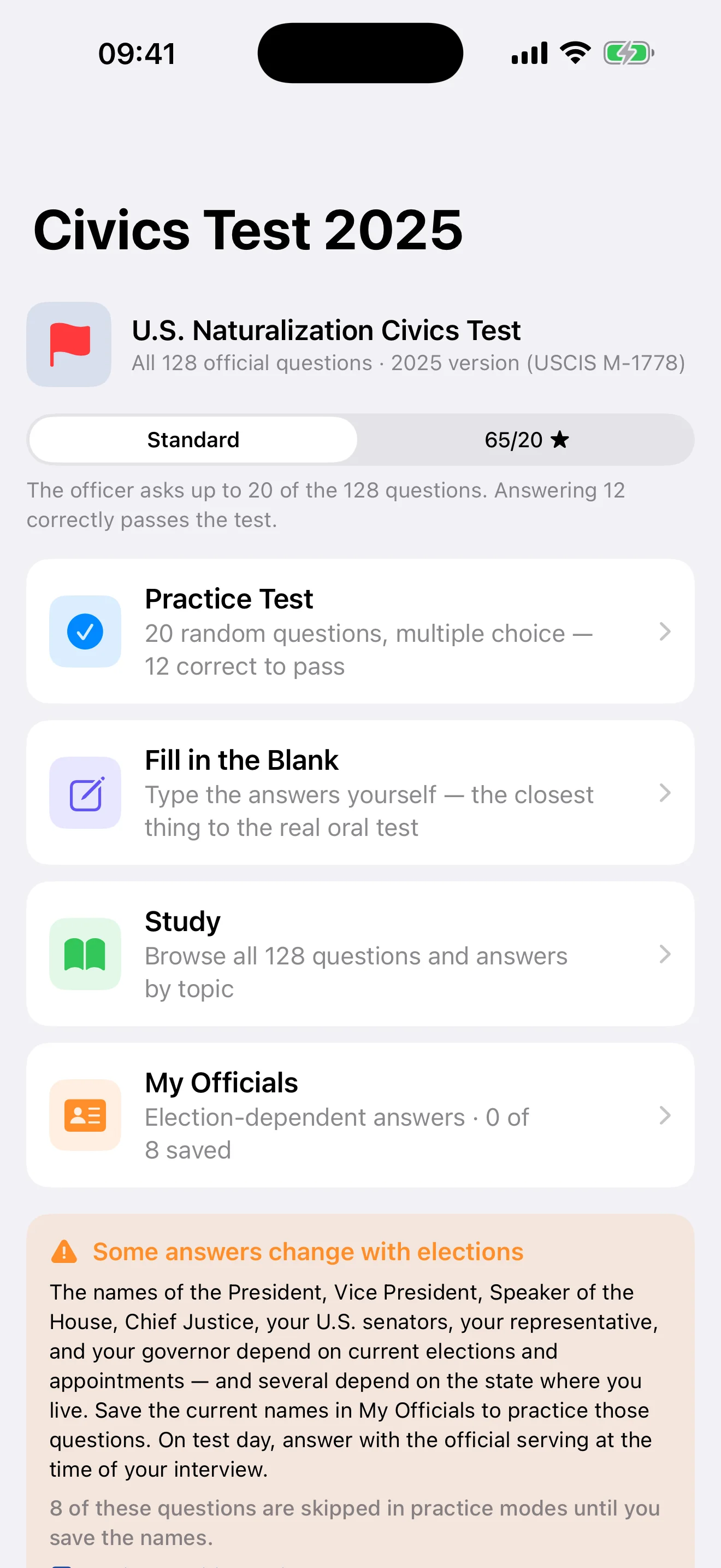 US Citizenship Questions Prep home screen with practice test, fill in the blank, and study modes