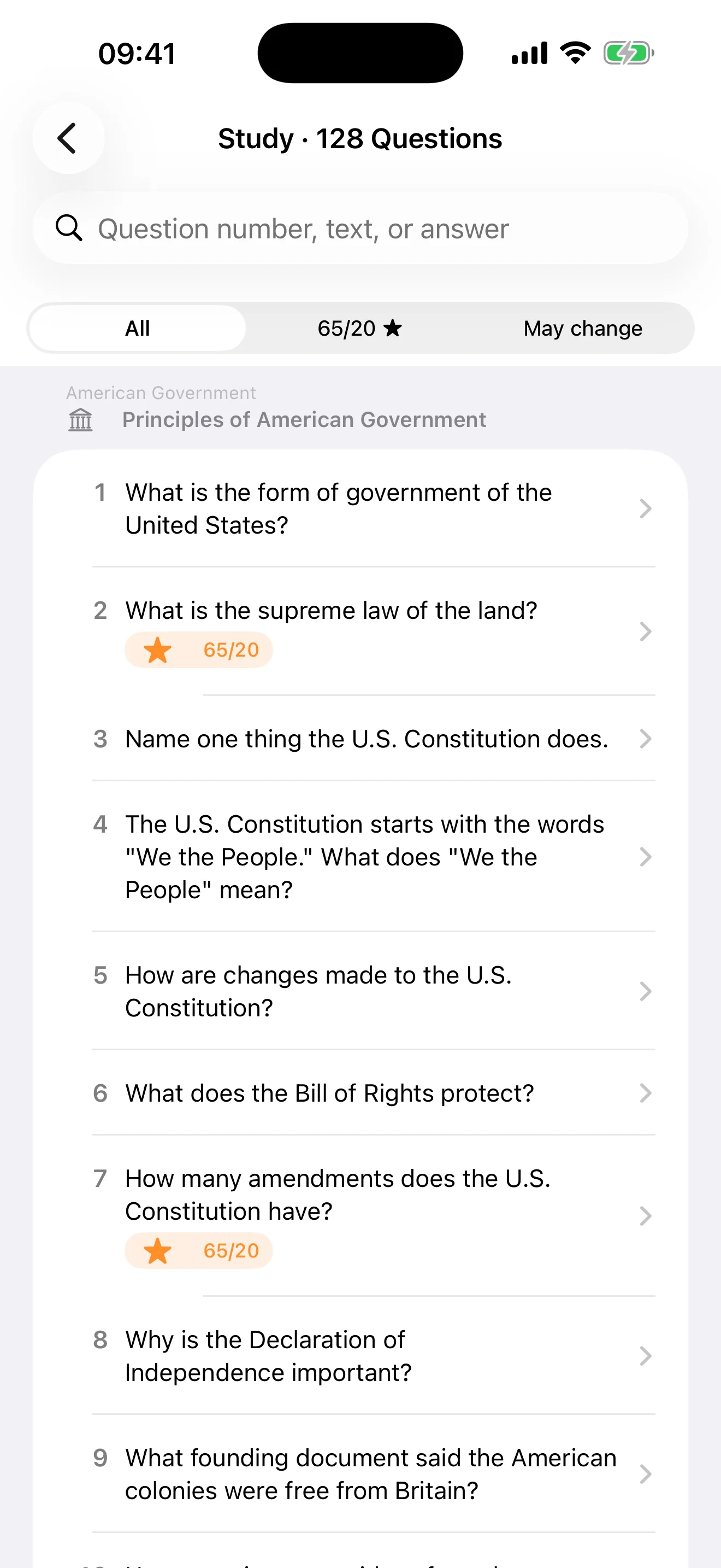 Study list of all 128 questions organized by official topic with search