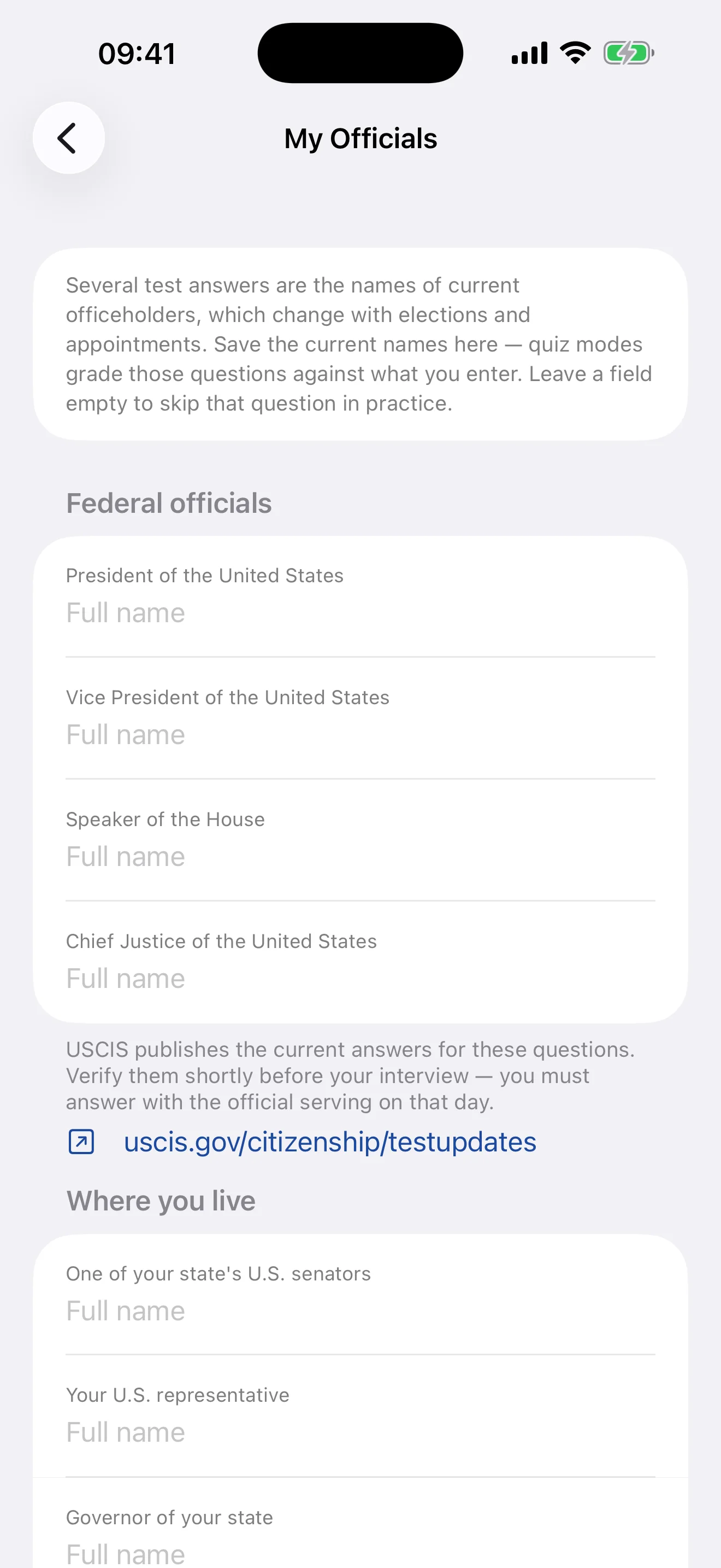 My Officials screen for saving the current officeholder names that change with elections