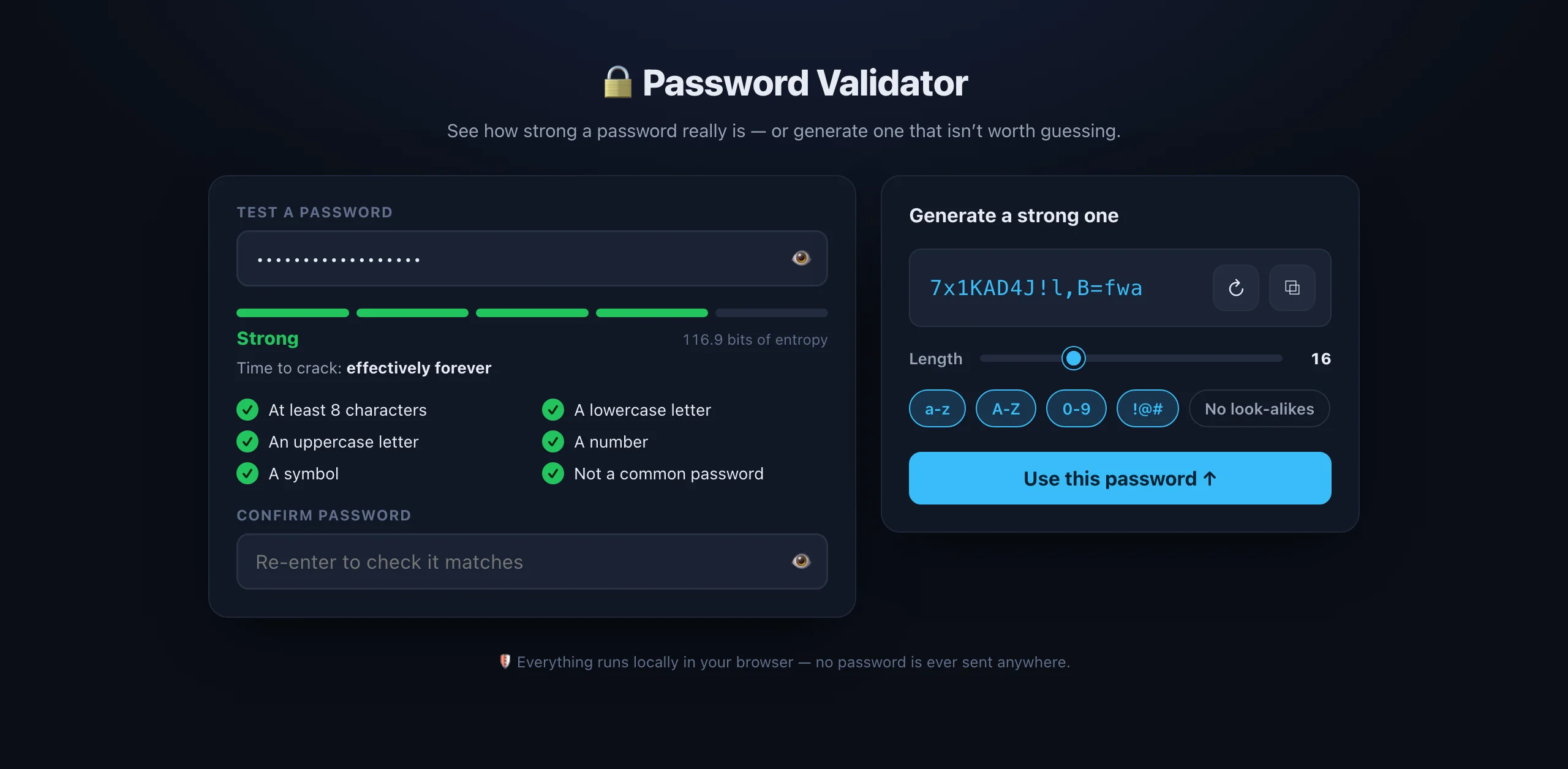 Password Validator — strength meter reading Strong with 118.9 bits of entropy, an ‘effectively forever’ crack time, an all-green requirement checklist, and a crypto-secure password generator