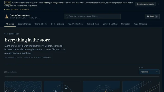 First frame of the recorded run — the Vela Commerce catalog under a demo banner reading “A portfolio demo of a shop, not a shop. Nothing is charged”, with the store search, the category bar, the heading “Everything in the store” and the first row of product cards