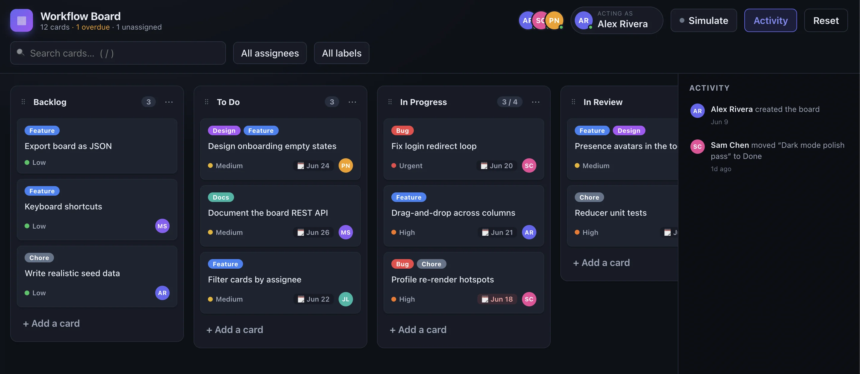 Workflow Board — drag-and-drop task board with Backlog, To Do, In Progress (3/4 WIP), and In Review columns, labeled cards, due dates, assignee and presence avatars, and a live activity feed